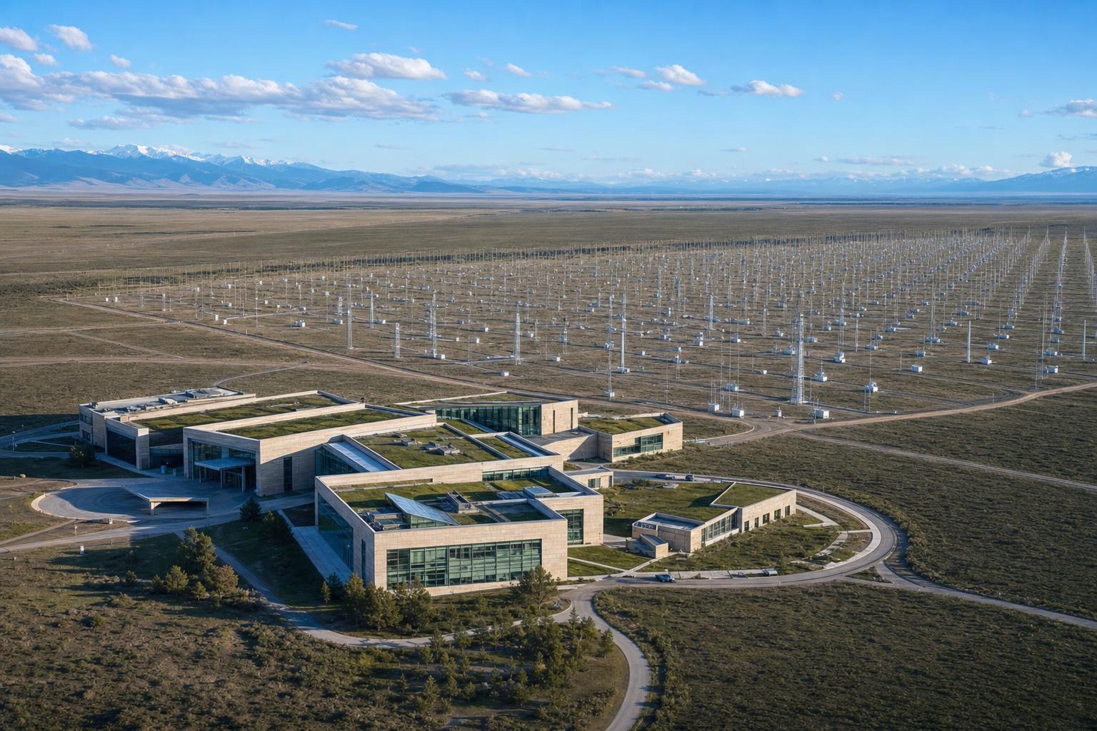 Aerial view of the Calder Ridge Field Station and antenna fields