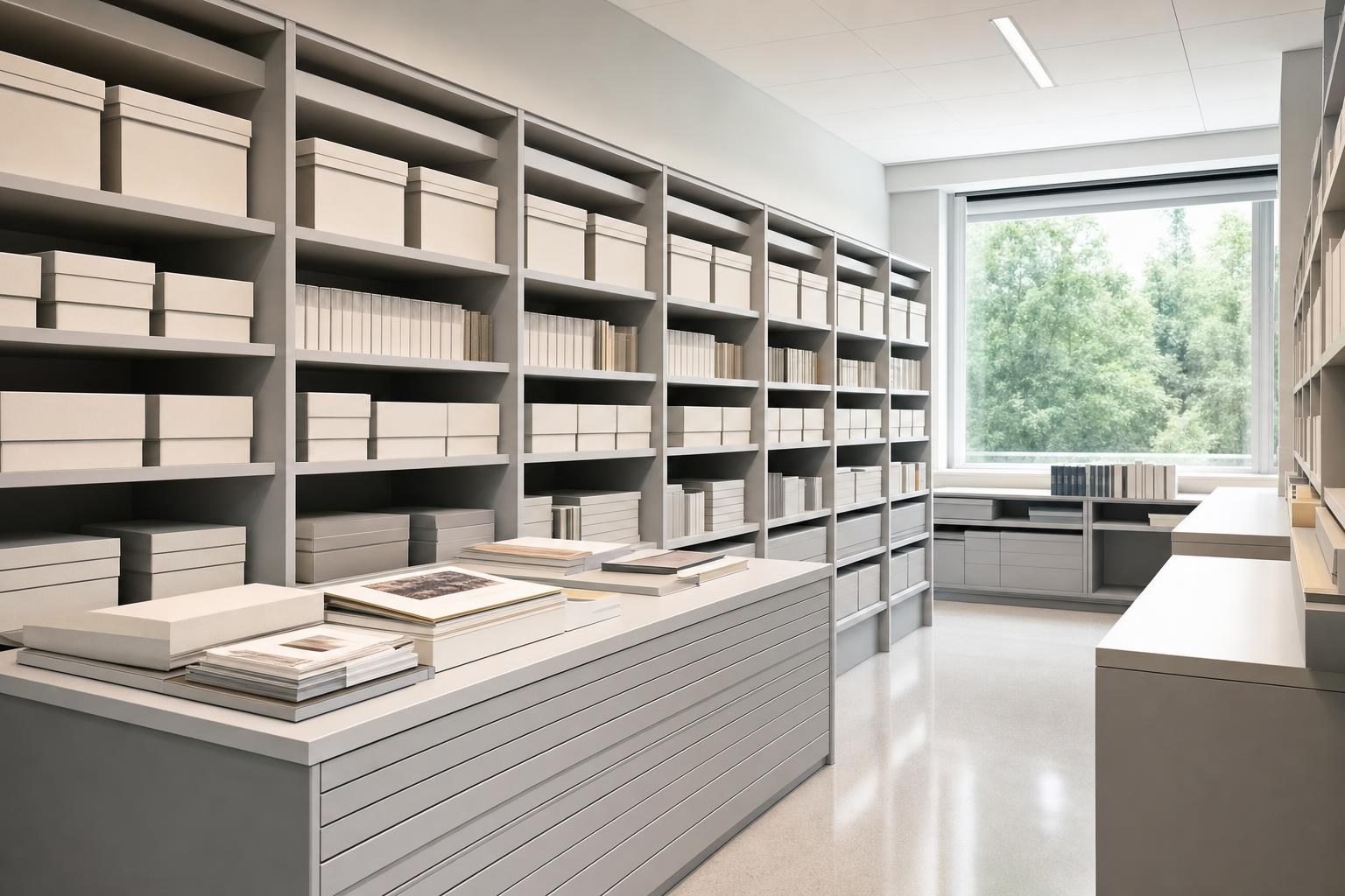 Archival records shelves inside the Laboratories records room